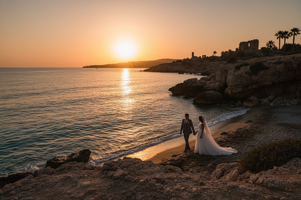 Antalya sahilinde gün batımında yürüyen gelin ve damat